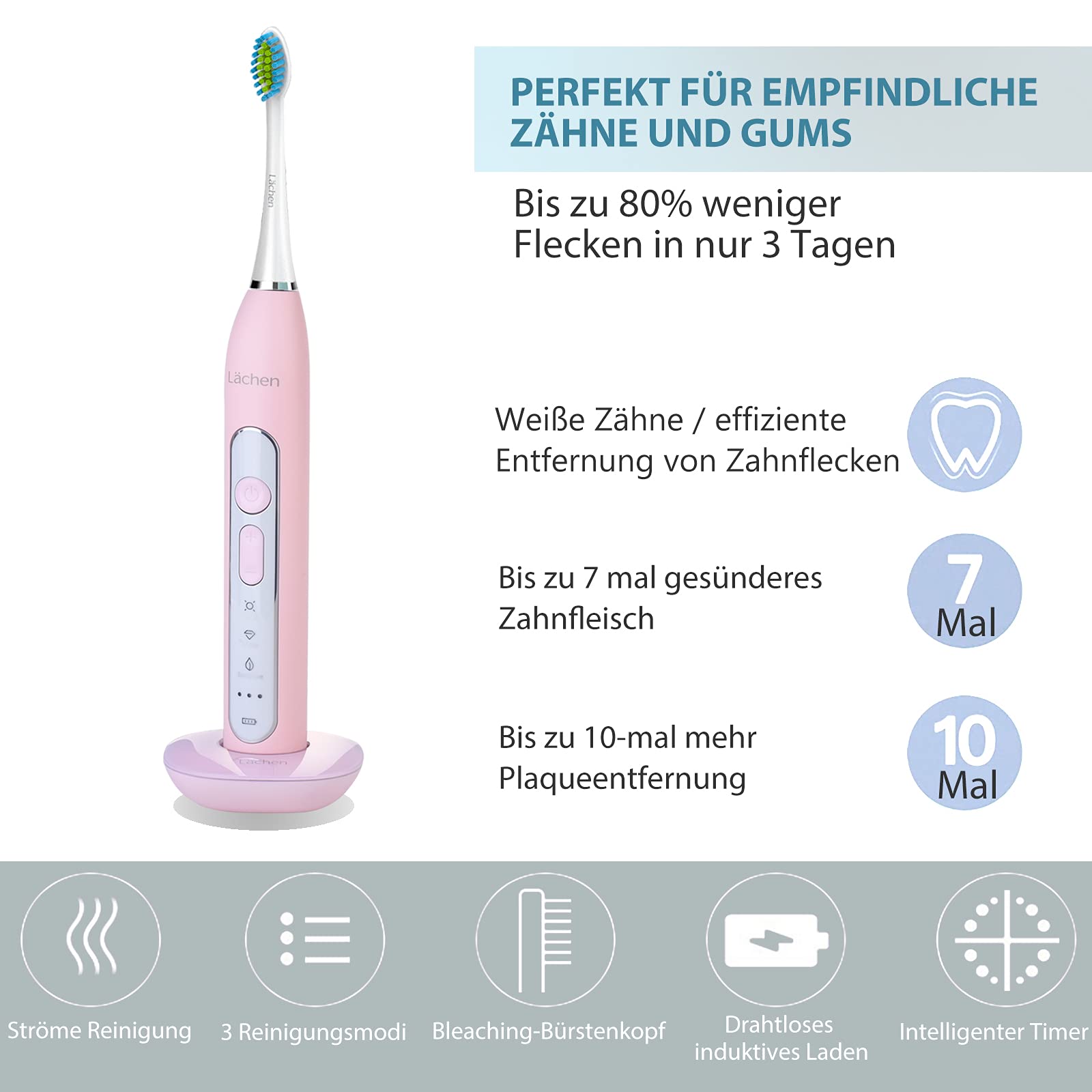 Lächen Sonic - Cepillo de dientes eléctrico sónico con 4 cabezales y temporizador, 3 modos y 3 intensidades de vibración, con bolsa de viaje, color rosa