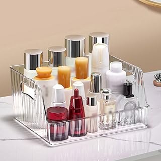 [FOQW] 化粧台用 化粧品 収納 透明 コスメ収納 大容量 浴室 化粧台 洗面所収納ボックス 整理簡単 小物入れ 多機能 化粧品収納ボックス ホワイト1 メイク収納 カウンタートップ バスルーム ベッドルーム 小物入れ 28*21.5*13 プレゼント