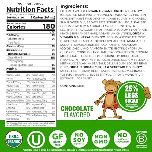 Image of Orgain Organic Kids Nutritional Dairy Protein Shakes, Chocolate, Healthy Kids Snacks, 8g Grass-Fed Protein, 3g Fiber, 22 Vitamins & Minerals, No Soy Ingredients, Non-GMO, 8.25 Fl Oz, Pack of 12