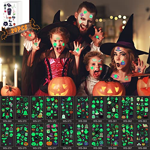 MXJFYY 20 Feuilles Glow Halloween Tatouages Temporaires Enfant, Lumineux Tatouage Temporaires Imperméables pour Enfants Garçons Filles, Glow in the Dark Tatouage Autocollants Halloween Party Favors Cover