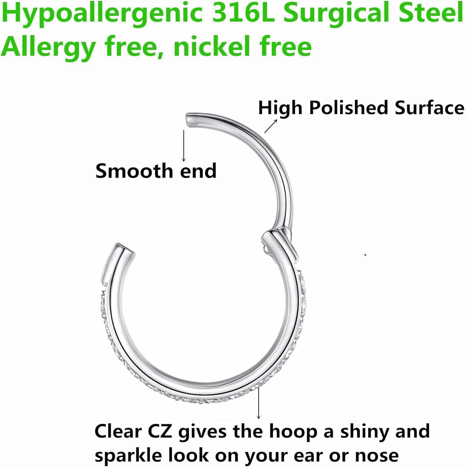 chenle Clear CZ Nose Rings Hoop 316L Surgical Steel Cartilage Earrings Conch Daith Helix Rook Tragus Lobe Snug Body Piercing Jewelry 16G Stainless Steel Hinged Segment Rings Lip Rings - Image 2