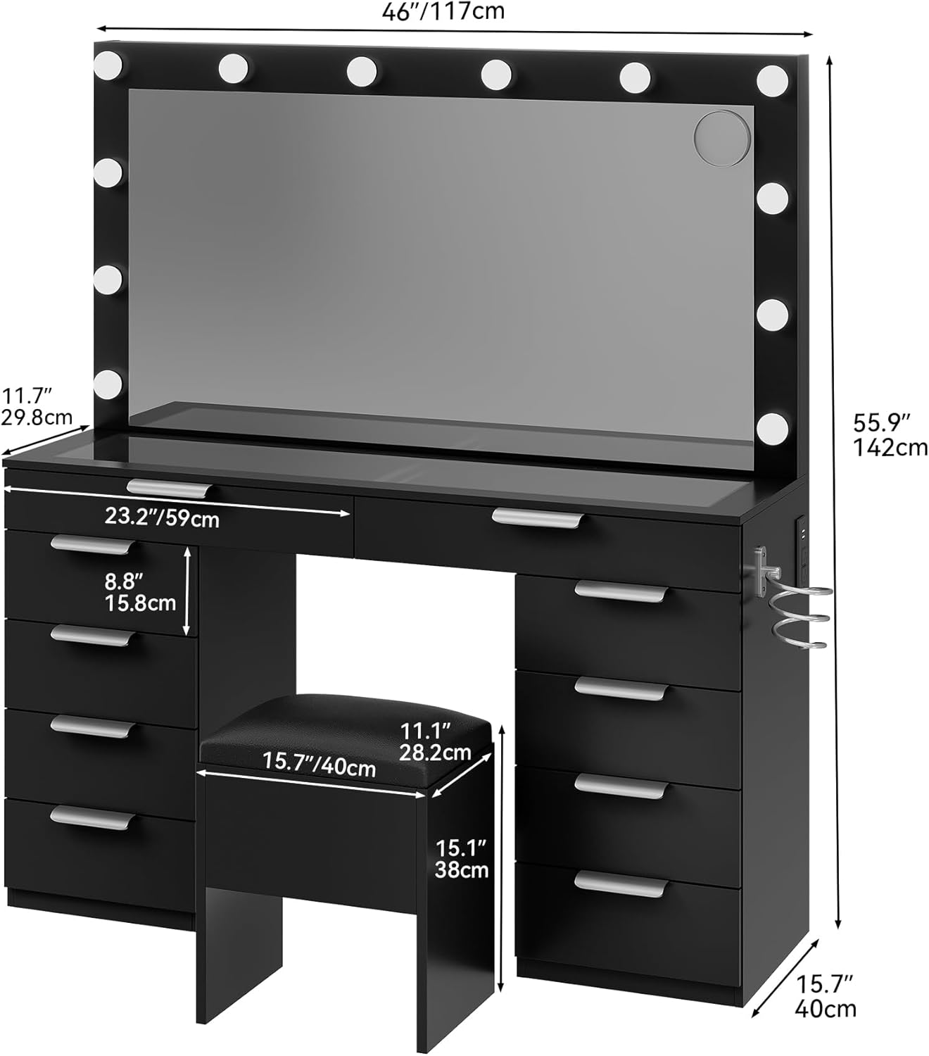 YITAHOME Vanity Desk with Mirror and Lights, Makeup Vanity Set with Glass Top & 10-Drawer, Charging Station, Dressing Table with Storage Chair & 3-Color Brightness Adjustable Lighting, Ink Black