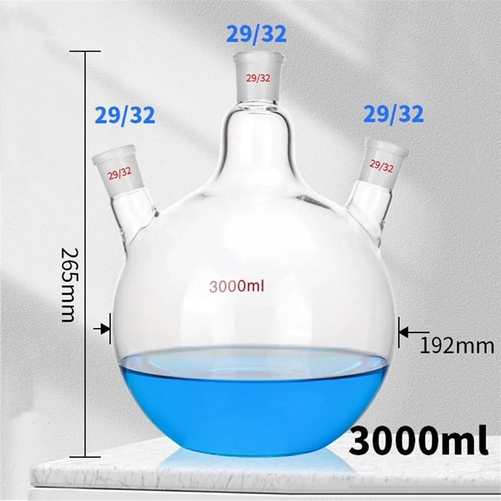 Vetreria da laboratorio Pallone a tre colli inclinato, a fondo piatto, da 3000 ml, in vetro borosilicato ad alta densità(3000ml 29x29x29)
