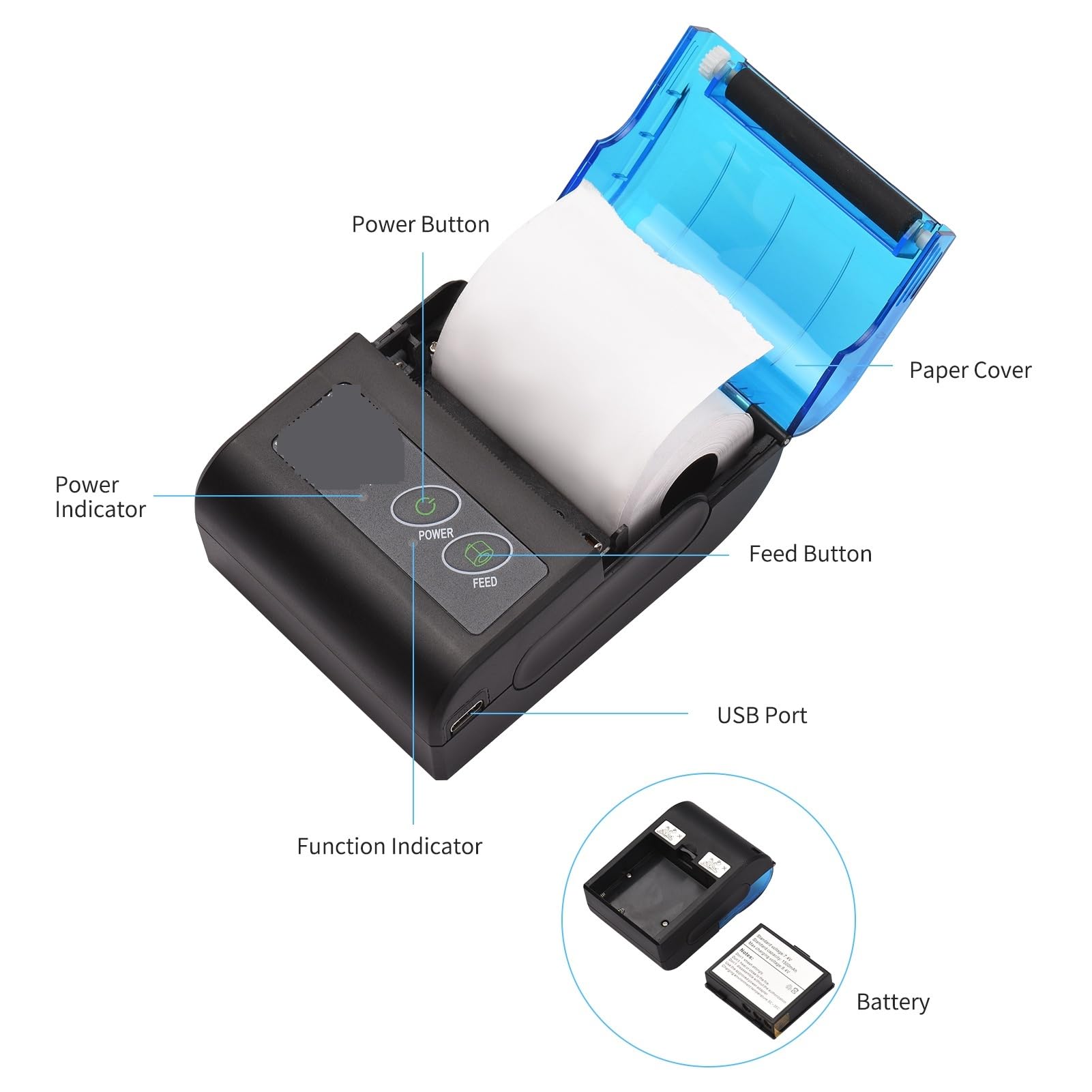 Imprimante Portable, Mini imprimante Thermique Portable 2 Pouces sans Fil USB for reçus, factures, Tickets avec Papier d'impression 58 mm