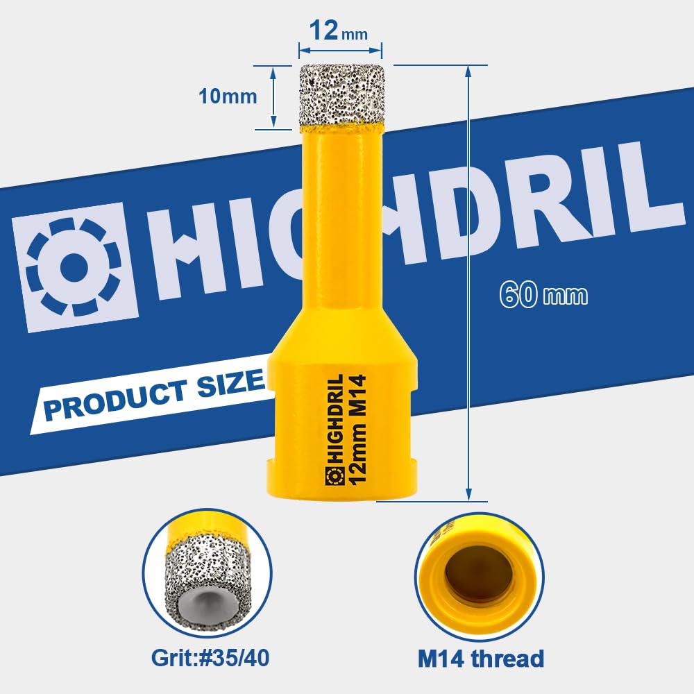HIGHDRIL Broca de diamante - 12mm con rosca M14 Taladrado en seco para azulejos de porcelana Cerámica Granito Mármol Piedra Mampostería Ladrillo para amoladoras angulares
