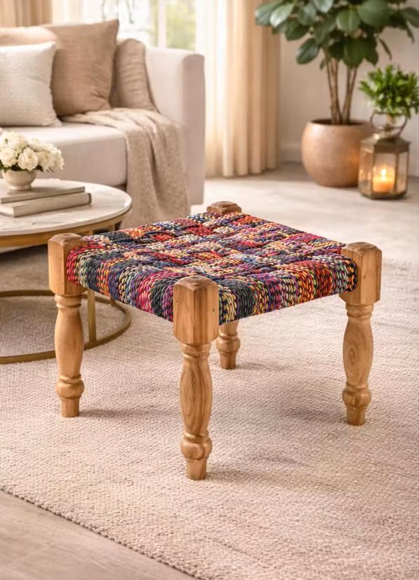Wooden Stool for Sitting | Peedha for Sitting Wooden | Handmade Multicolour Chindi Rope Weave Seat | 15 x 15 x 12 Inch | Low Stool for Living Room, Pooja Room and Balcony | The Desi Thath Handicrafts-image-11
