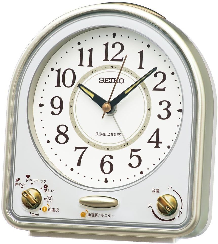 Seiko Clock QM750G Alarm Clock Analog 31 Songs Melody Alarm, Light Gold Pearl, Partial White Pearl, 5.5 x 4.9 x 2.8 inches (139 x 126 x 70 mm)