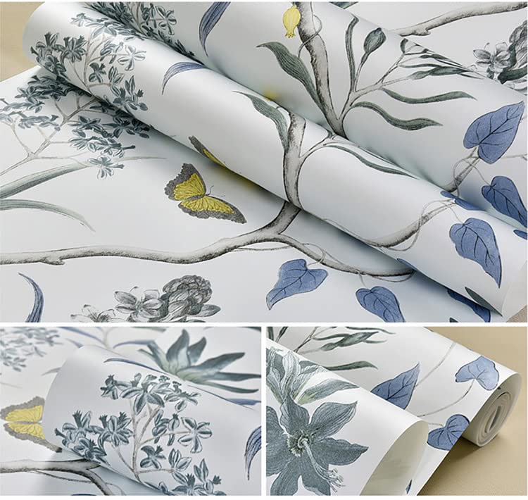 10X0.53M Blue American Country Flowers Birds Butterfly Textured Non-Woven Wallpaper Roll for Bedroom Livingroom 1.73' W x 32.8' L=5.3㎡ (57sq.ft) … - Image 4