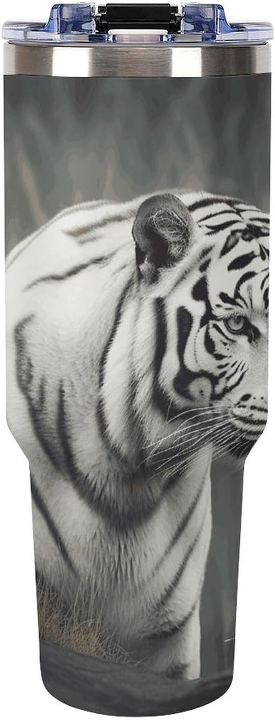 White Tiger Tumbler 40 Oz with Handle&Lid Large Car Cup Stainless Steel Vacuum Travel Mug Insulated Water Bottle Leak-proof Portable Coffee Cup for Home Car Outdoor