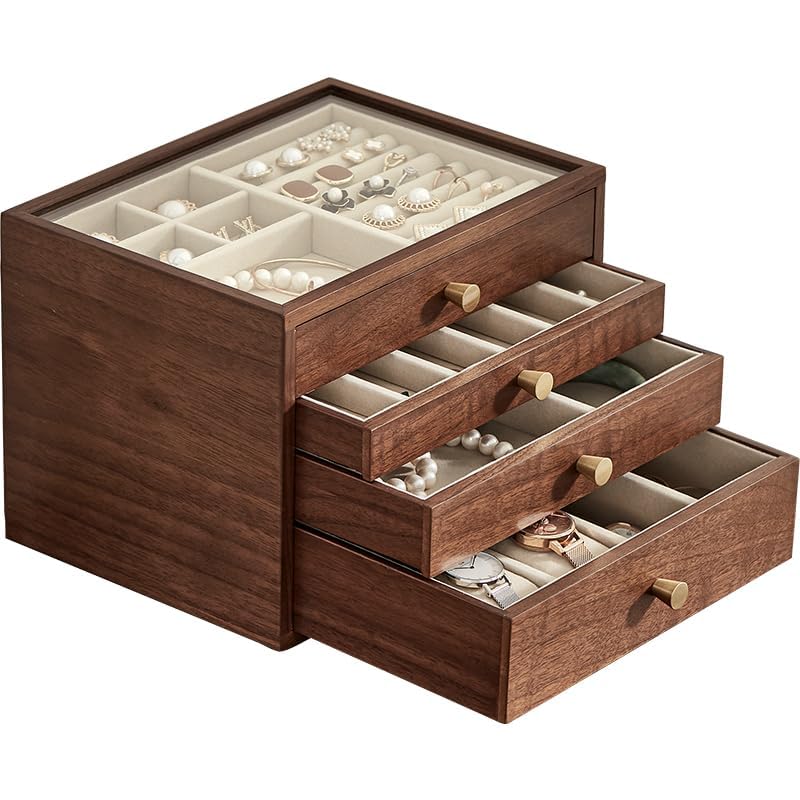 CHOSIN Black Walnut Wooden Jewelry Box Women Classical Solid Wooden 4-Layer Organizer with Glass Lid, 5 Big Drawers, Watch, Necklace, Ring, Earring Storage Gifts