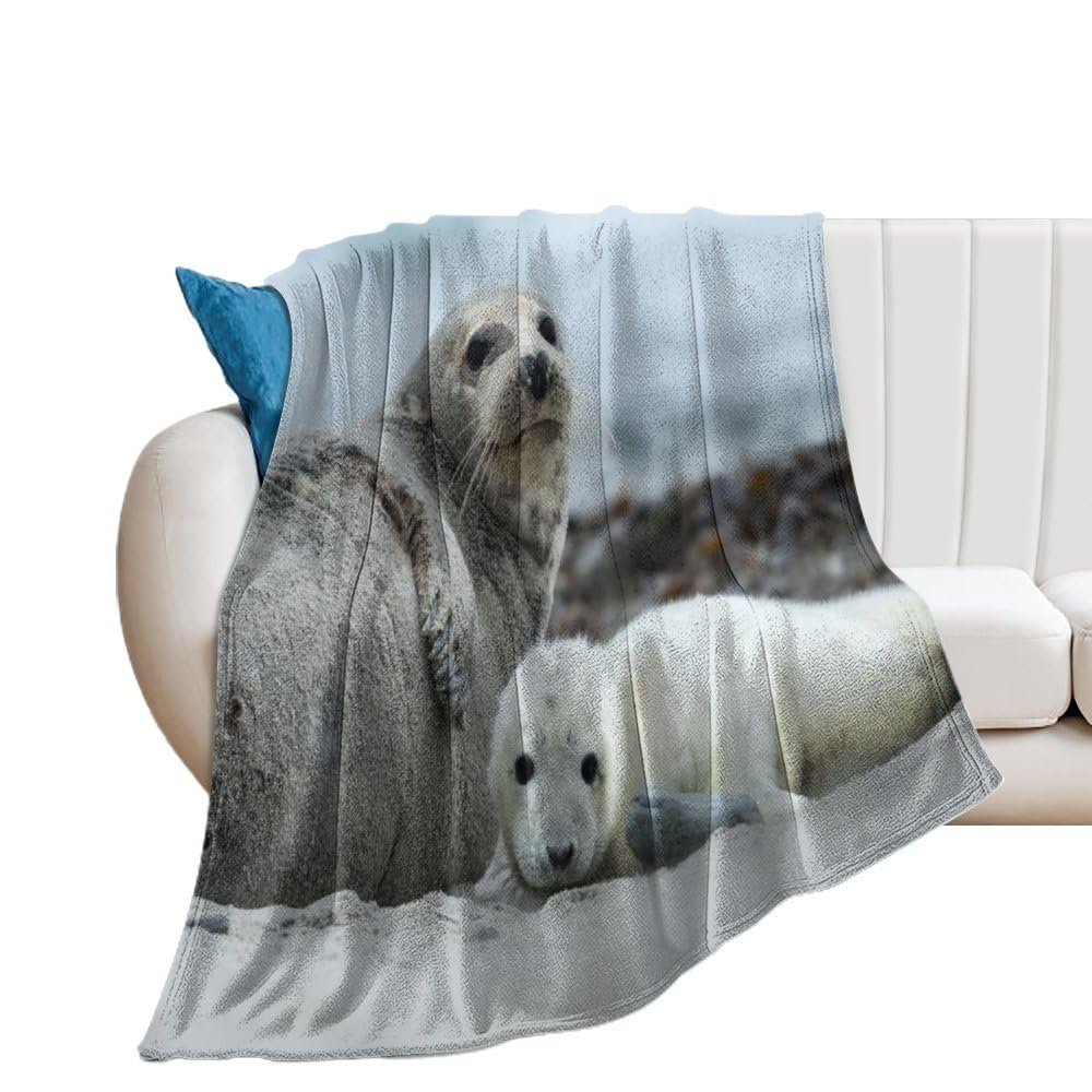 NIBABA Grey Seal Pup with Mother Blanket Fuzzy Throws, Soft Blankets for Men Women Boys Girls, Cozy Plush Comfy Microfiber Throw Blanket for Couch Sofa Bed 50x60inches (125x150cm)