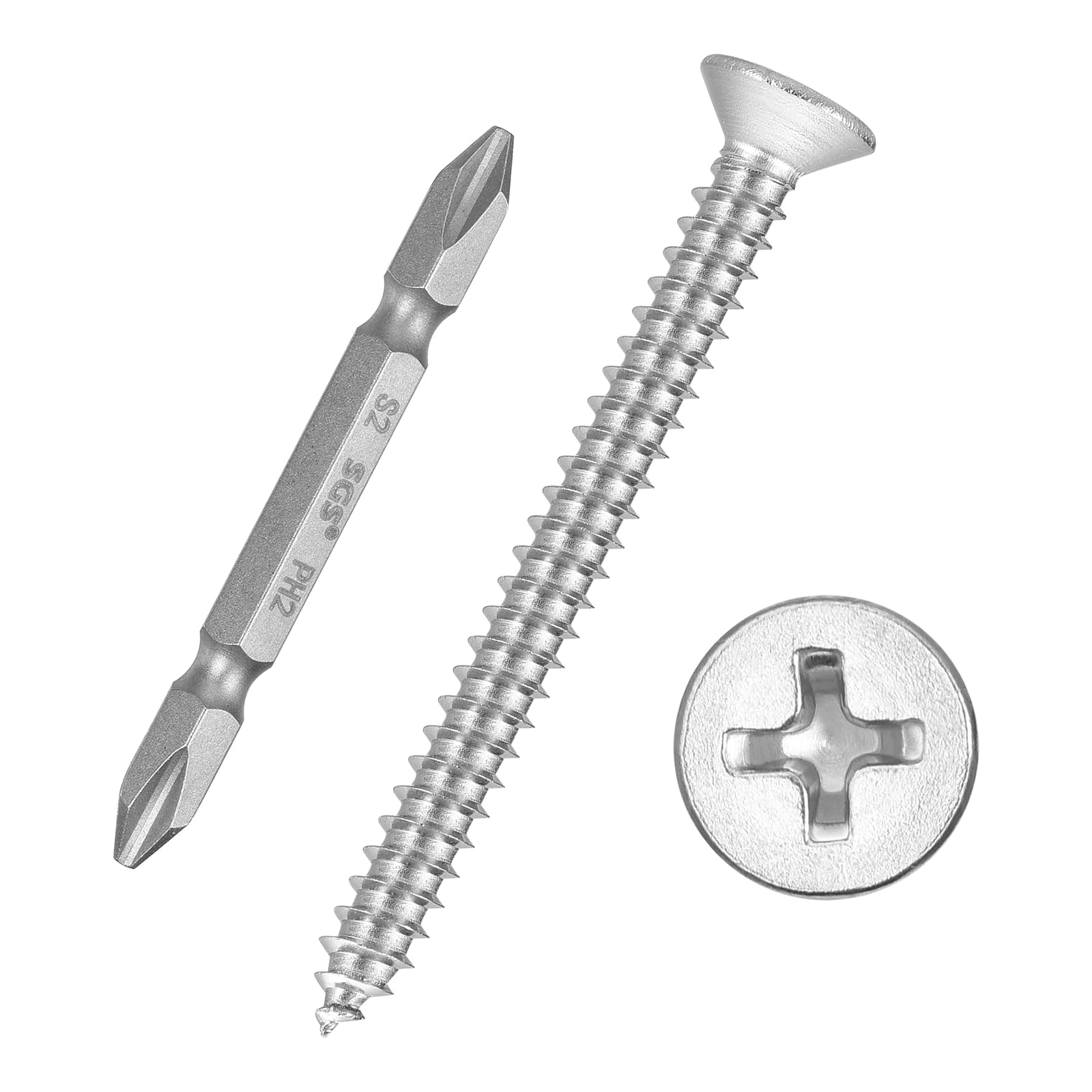 Kozelo 51pcs Phillips Flat Head Wood Screws with Screwdriver Bits - [#8x2"] 304 Stainless Steel Countersunk Self-Tapping Screws for Furniture Assembly, Outdoor Construction, Silver — image 1