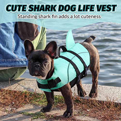 Queenmore Small Dog Shark Life Jacket,Dog Life Vest for Swimming Boating Kayaking,High Buoyancy Puppy Dog Life Preserver,Reflective Light Dog Lifesaver with Strong Rescue Handle (Light Blue,XS)