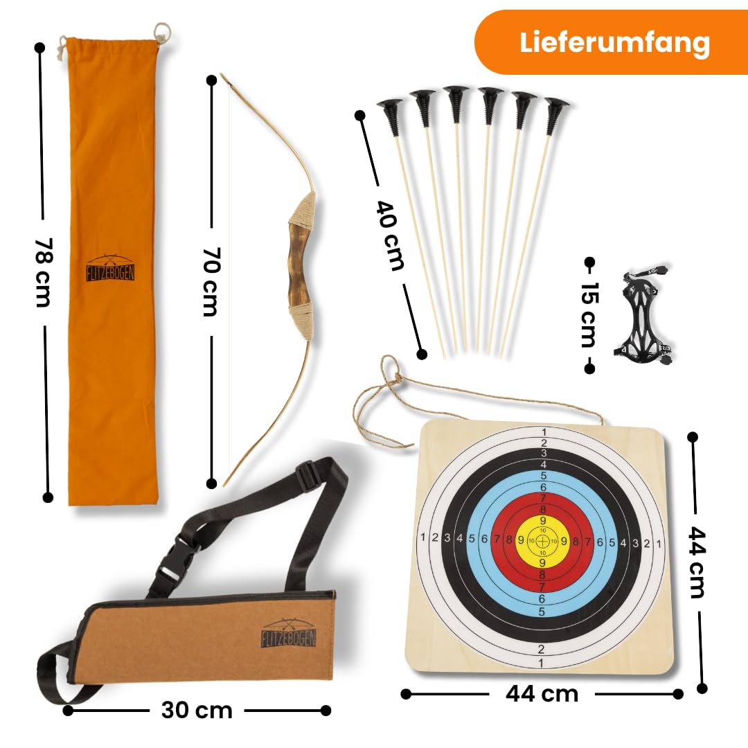 FLITZEBOGEN Pfeil und Bogen Kinder Set aus Holz mit Saugnapfpfeilen | Zielscheibe Köcher Armschutz und Tasche