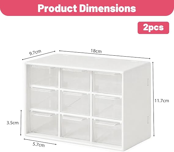 GAESHOW 2Pcs Small Storage Drawers, Desk Storage Organizer with 9 Drawers, Mini Plastic Drawer Organiser, Desktop Craft Drawer Cabinet for Sewing, DIY Crafts, Art Supply, Office Supplies and Jewelry