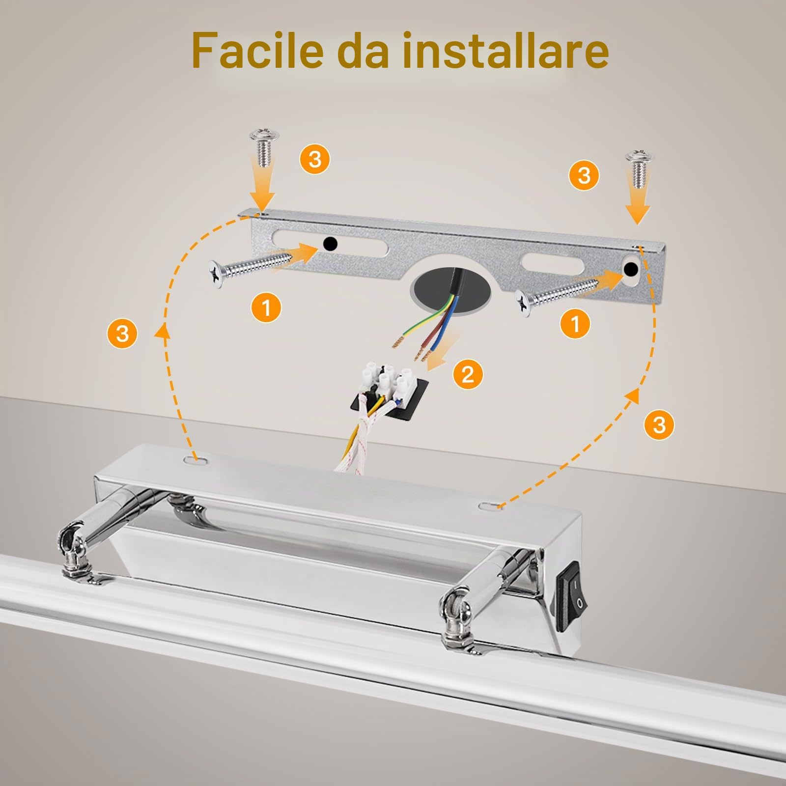 Applique Bagno 9W 42CM - Lampada Specchio Con Interruttore IP44 Bianco Neutro 4000K per il Trucco - Luce LED AC100-240V Non Dimmerabile