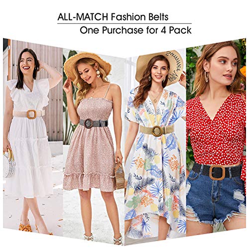 WHIPPY Set of 3/4 Straw Woven Elastic Stretch Waist Belts for Women, Fashion Boho Ladies Braided Skinny Dress Belt2