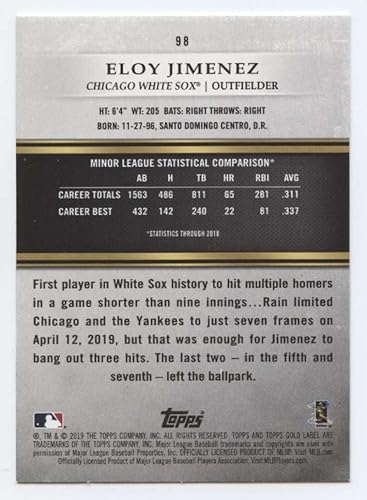 Miniatura 2 de 2019 Topps Gold Label Class Two #98 Eloy Jimenez NM-MT RC Rookie Chicago White Sox Baseball Trading Card