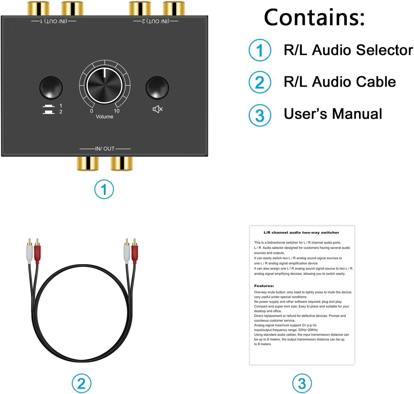 UNSTINCER RCA Cinch Audio Switch 2(1)-In-1(2)-Out, a/b Analog Stereo Umschalter mit Lautstärkeregelung Stummschalttaste,Bidirektional Sound Selector Schalter für Phono Kopfhörer Lautsprecher