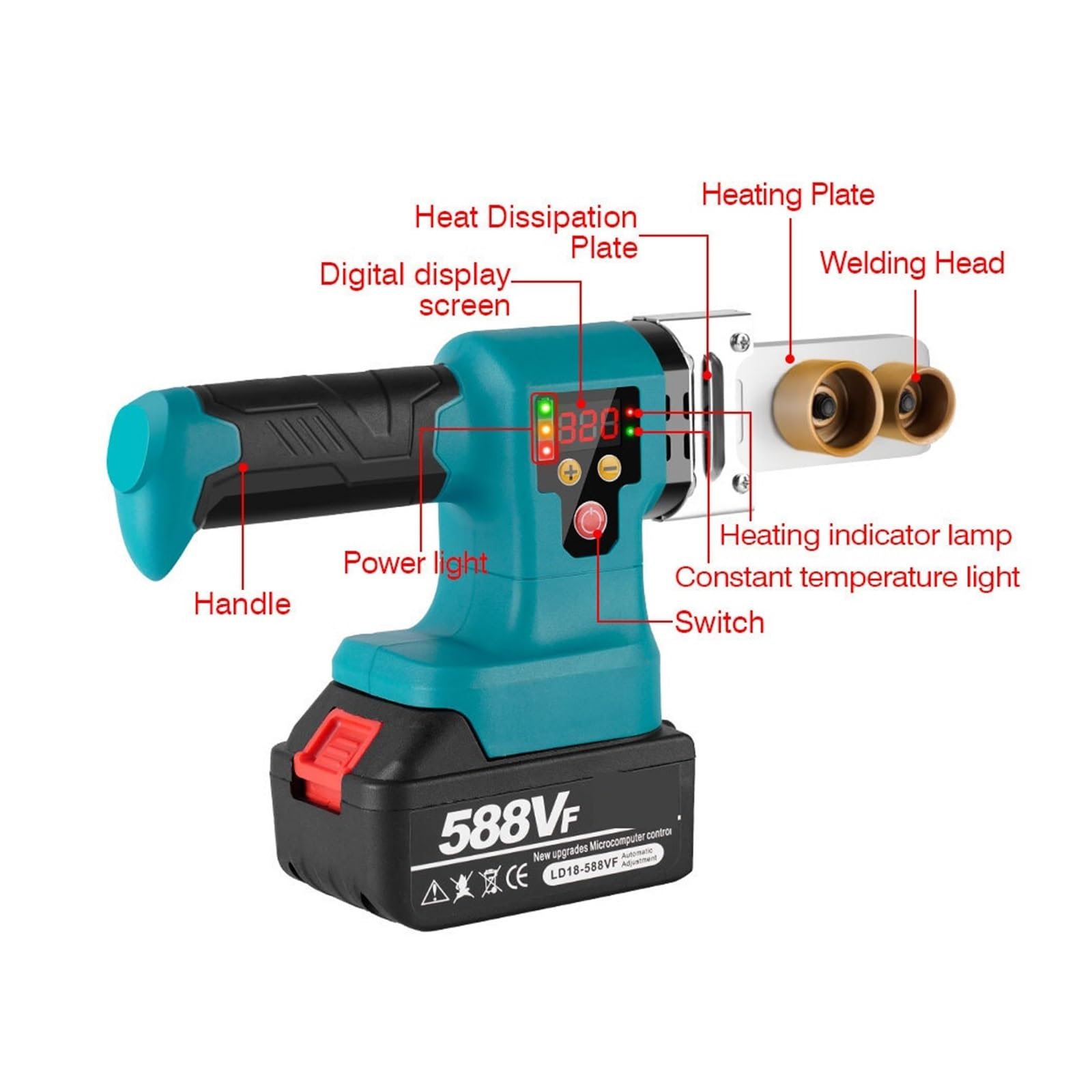 Bezprzewodowa Zgrzewarka Do Rur 1400 W Akumulatorowa Maszyna Topienia Na Gorąco PPR/PB Wodnych Rozpraszanie CiepłA, Izolacja Cieplna(2 Battery Plug)
