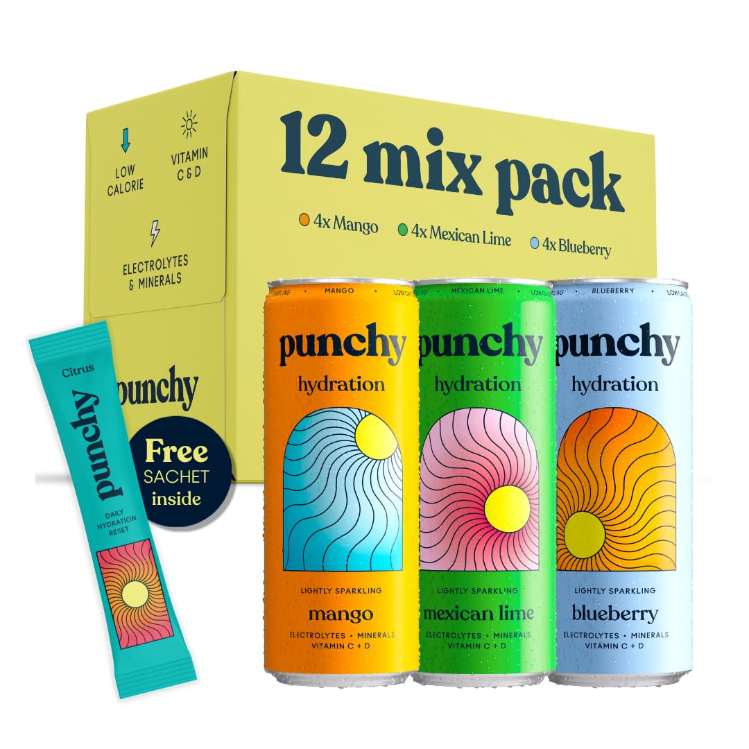Punchy Drinks Mixed Case – Mango, Mexican Lime & Blueberry | Everyday Hydration, Electrolytes, Vitamins, Real Fruit, Low Calorie, Caffeine-Free | 12 x 330ml + 1 Sachet
