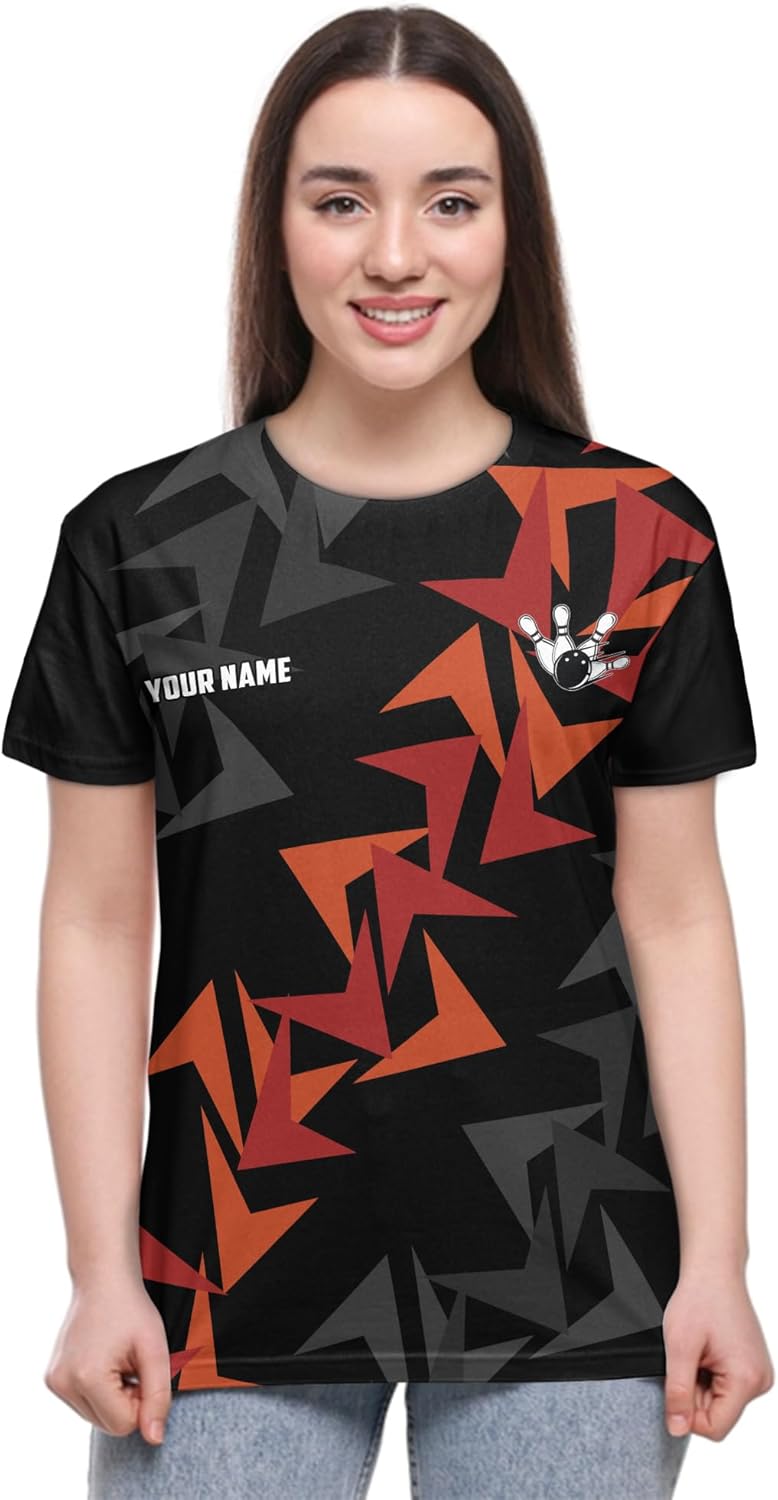 Customize Bowling Summer Tshirt Print Tee Shirt with Orange Bowling Ball Flame and Geometric Pattern Graphic On it for Bowler