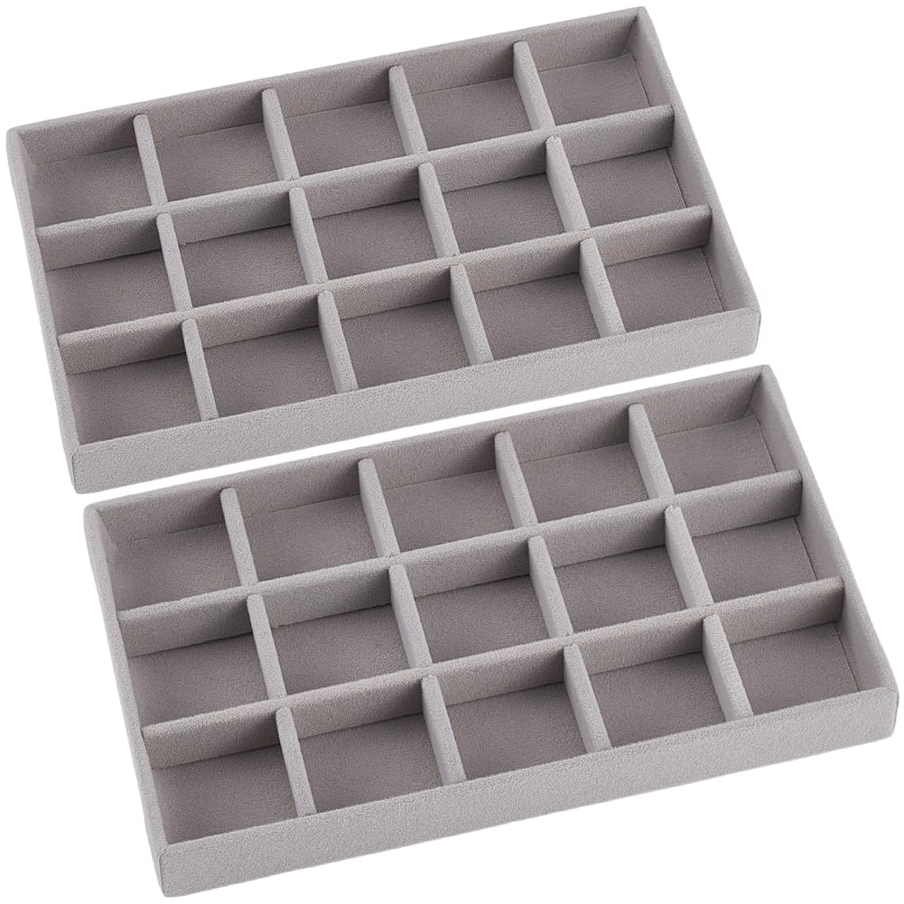 Plateau à bijoux en velours gris à 15 compartiments pour tiroir