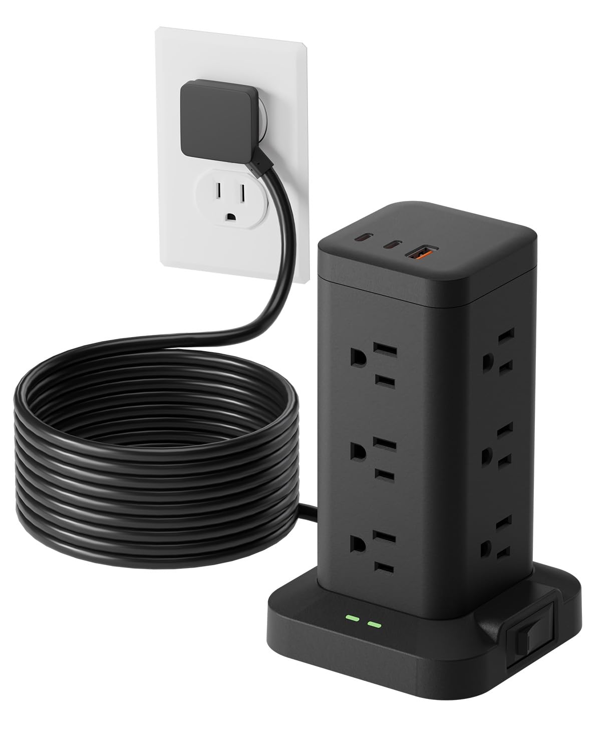 Power Strip Tower with Surge Protector 1800J, Fast Charging Tower PD20W USB-C Ports with 12 AC Outlets, 10ft Extension Cord for Home Office Dorm Room, Black