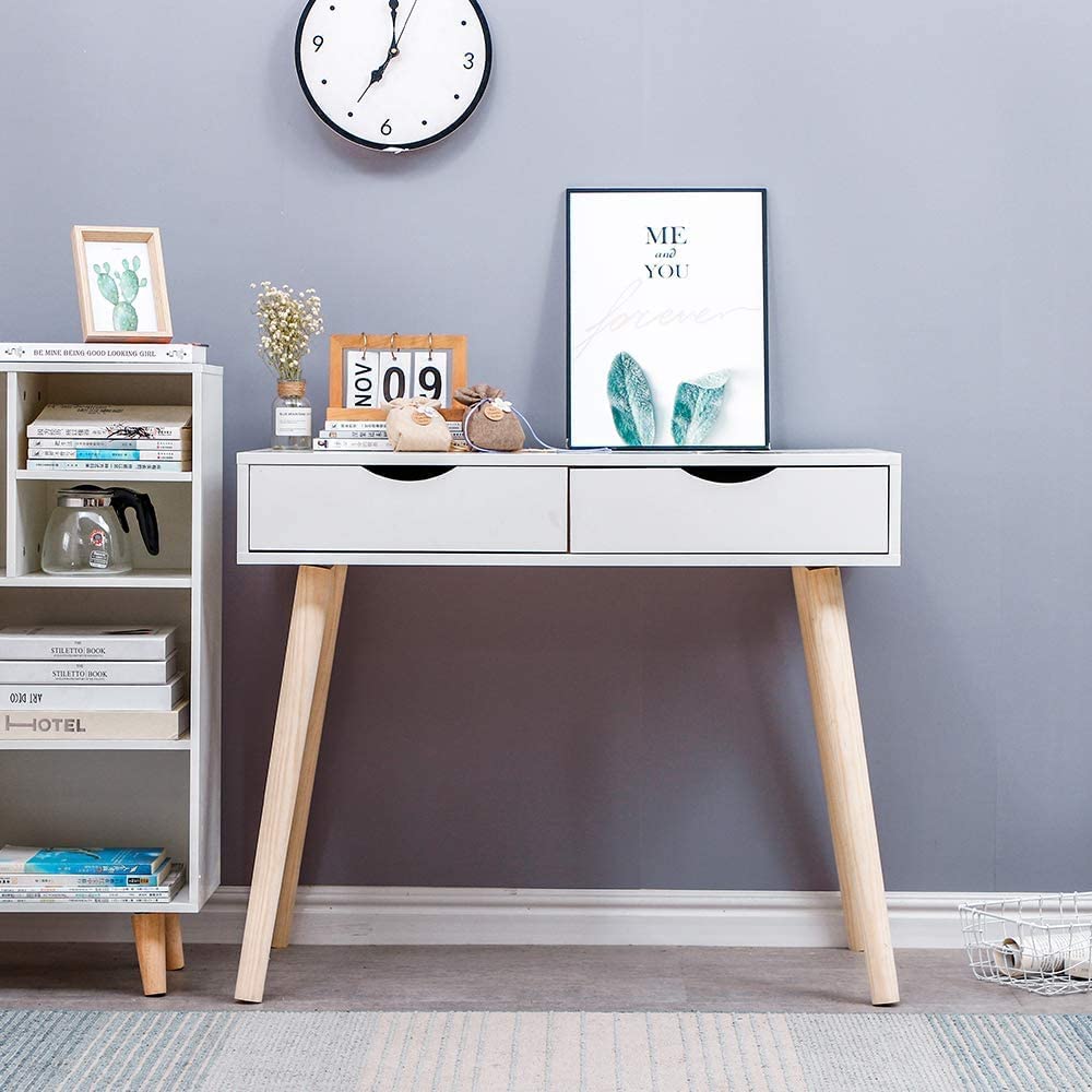 Dime Arts Shoppee Engineered Wood Desk with 2 Drawers for, Computer Desk with Storage Shelves, Makeup Vanity Desk, Modern Writing Study Table Home Office Desks for Bedroom (White.)-image-7
