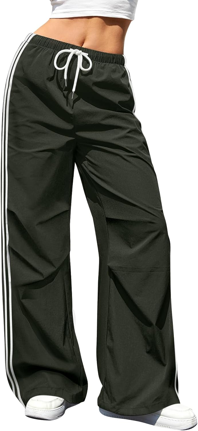 milanpavilion Cargo Pants Women Wide Leg Baggy Track Pants Y2K Elastic Waist Parachute Pants Hiking Workout Pants with Pockets Green