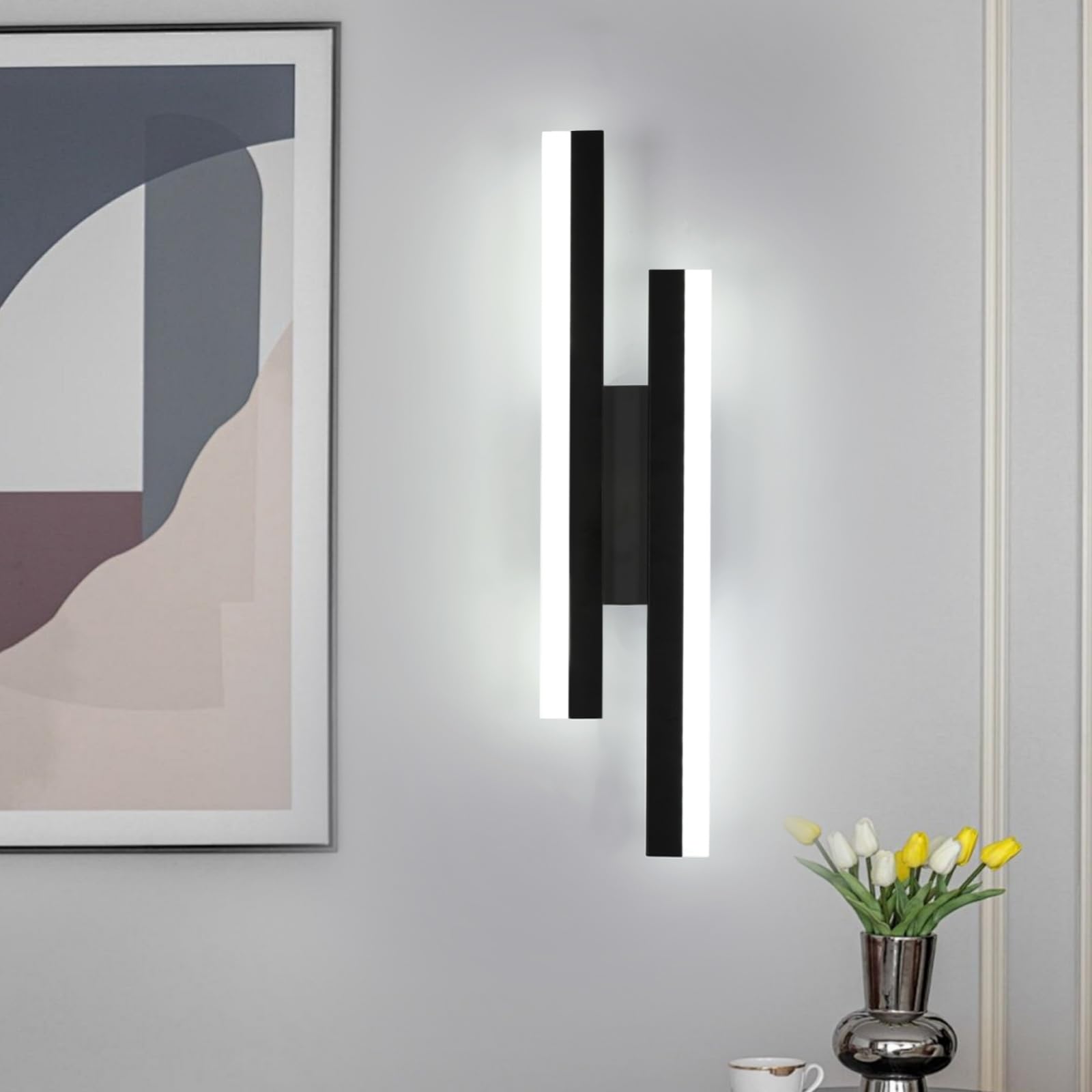 Riserva 6500K-Black Black Led Wall Lights Indoor 16W, Long Modern Wall Light 6500K Cool White, Creative Parallel Lines Design Wall Lamp For Bedroom, Living Room, Corridor, Hallway