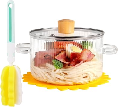 Clear Glass Cooking Pot With Lid And Brush On Stove - 1.5L51oz Borosilicate Glass Simmer Pot With Cover - Glass Cookware Stovetop Pot Set For Pasta Noodle, Soup, Milk