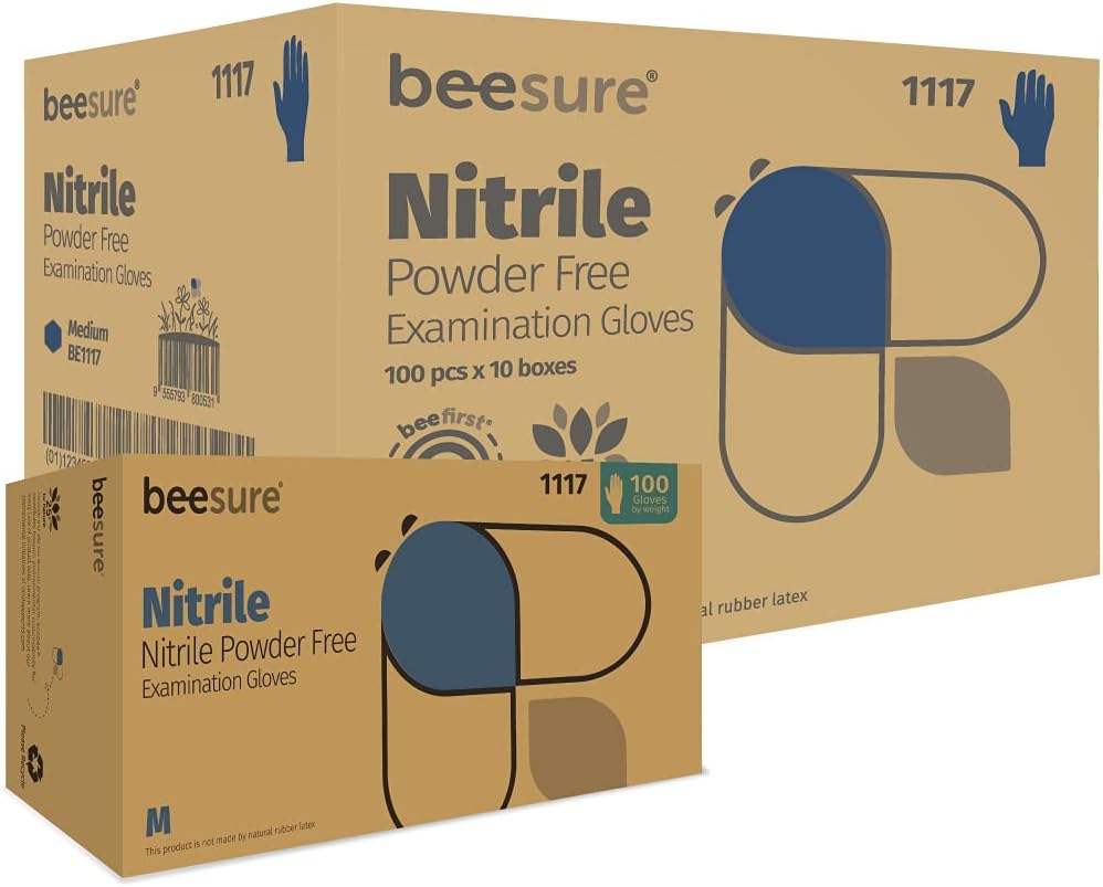 BeeSure BE1117case Powder Free Exam Gloves, Nitrile, BeadedCuff, Medium, Blue (Pack of 1000)