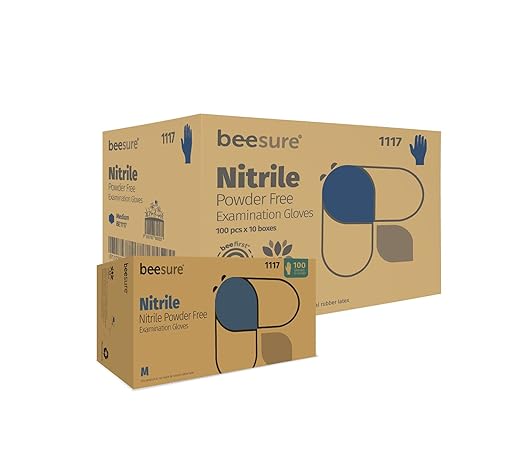 BeeSure BE1117case Nitrile Exam Gloves, Medium, Blue (Pack of 1000)