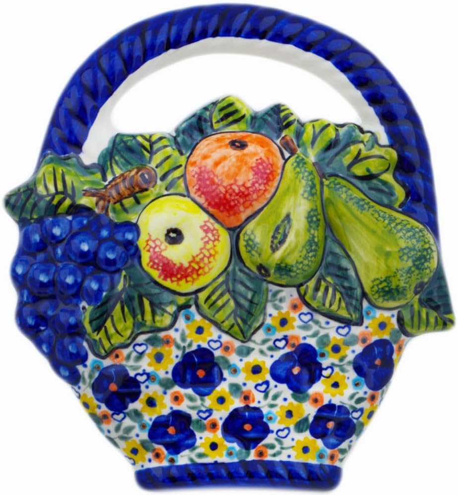 Authentic Polish Pottery Fruit Basket Wall Decor Signature UNIKAT in Patches Of Love Design Handmade in Bolesławiec Poland + Certificate of Authenticity
