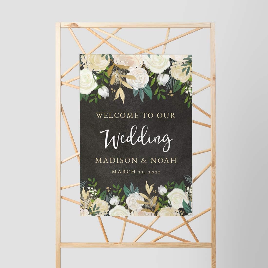 Andaz Press Personalized Extra Large Wedding Easel Board Party Sign, 12x18-inch, Ivory Roses on Black Chalkboard, Welcome to Our Wedding Bride Groom Name Date, 1-Pack, Custom