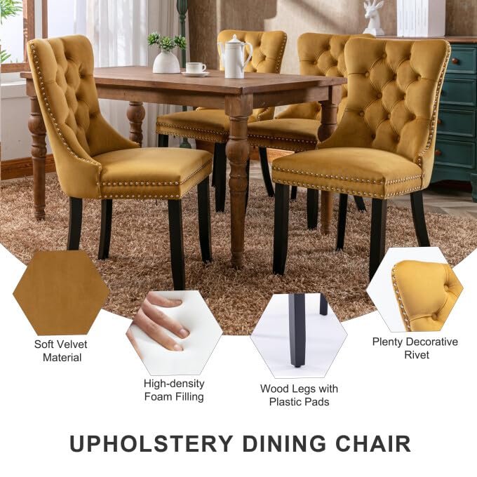 Image of 5-Piece Dining Table Set with 39 in Tempered Glass Kitchen Table and 4 Velvet Upholstered Chairs, Modern Scandinavian Furniture for Dining Room Kitchen(Yellow)