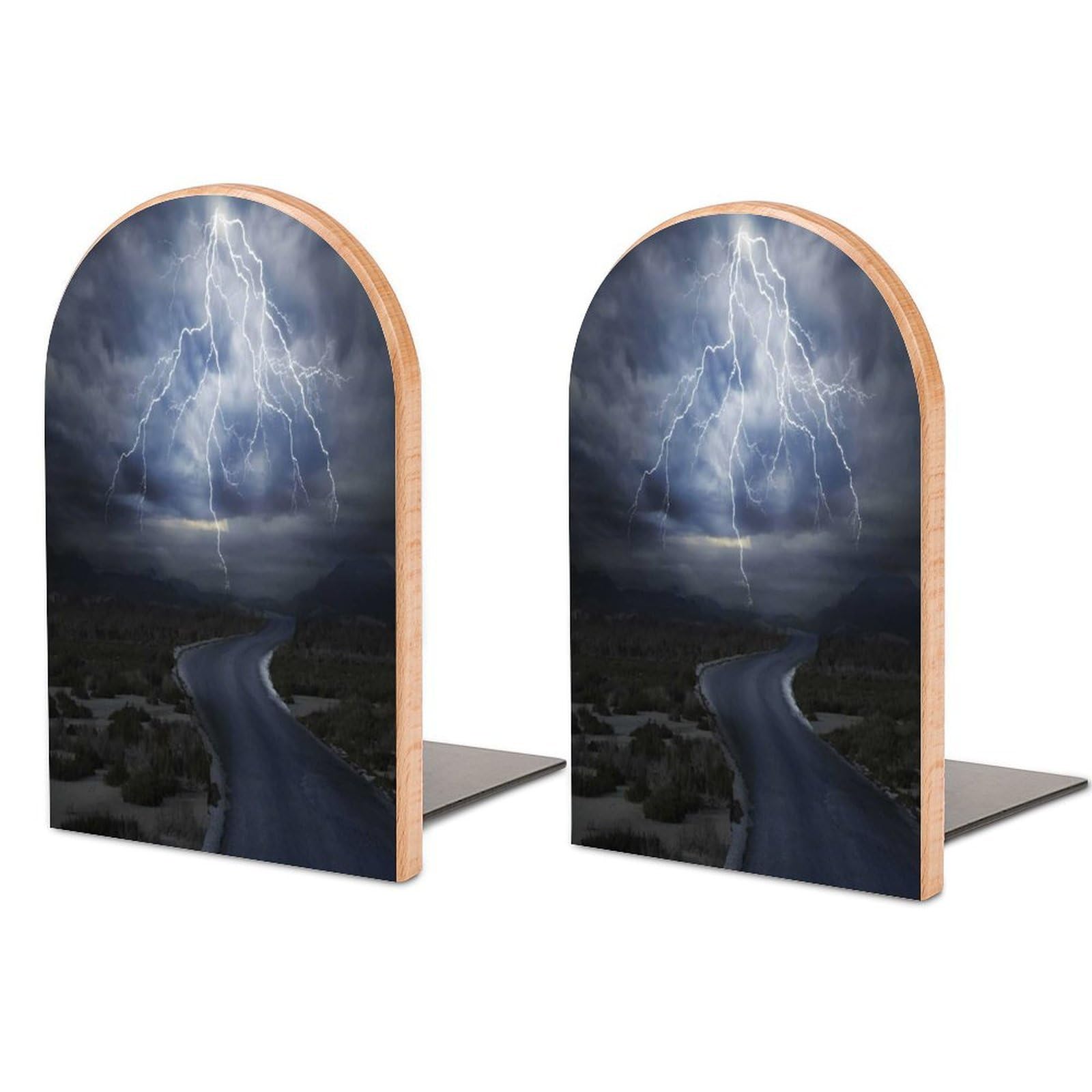 Thunderstorm Over The Road Vibrant Strong Beam Before The Sky Blow Beech Wood Bookends Heavy Duty Book Organizers Desktop File Holder for Office Home Bookshelf