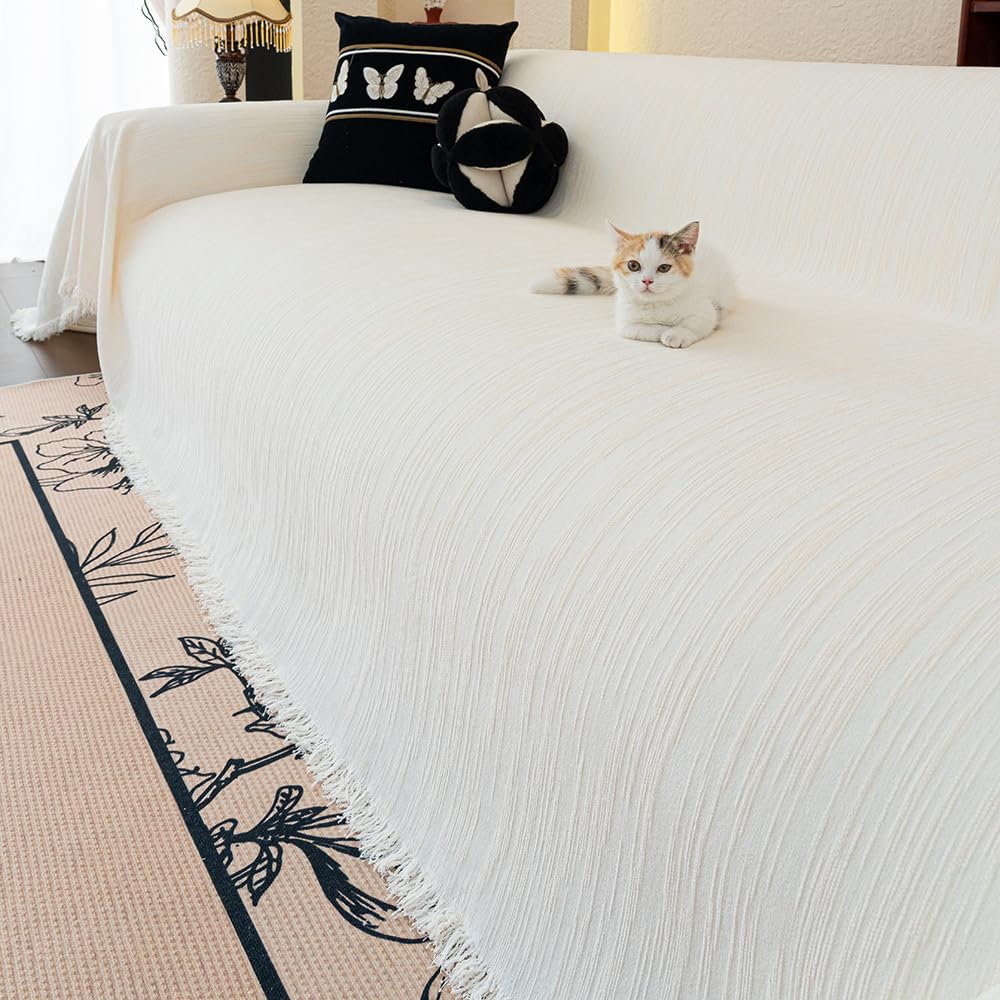 Couverture en chenille beige grand canapé jeté de lit à franges 180x260