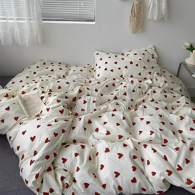 AShanlan Red Hearts Cotton Duvet Cover Set