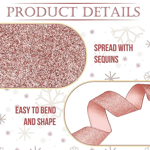 Cindeer 50 Yards Halloween Glitter Rose Gold Ribbon 2.5 Inch Christmas Diamond Bling Wired Edge Ribbon Holiday Fabric Bow Decorative for Home Festival Party Gift Wrapping Present DIY Crafts by Cindeer - Used condition - Image 3