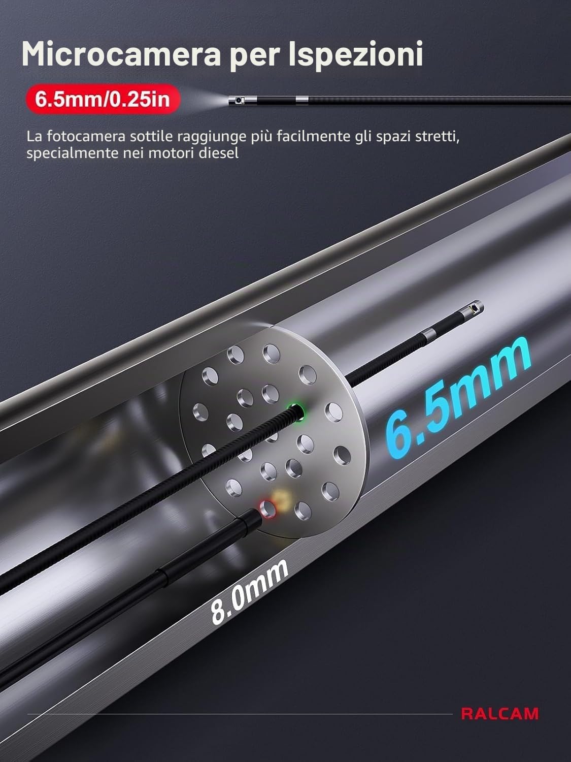 Ralcam Telecamera Endoscopica 360° a Doppio Obiettivo, Schermo HD da 5", Sonda da 6,5 mm, Impermeabile IP67, con 6+1 LED e Cavo Semirigido da 1,5 m per Ispezione di Tubi e Motori