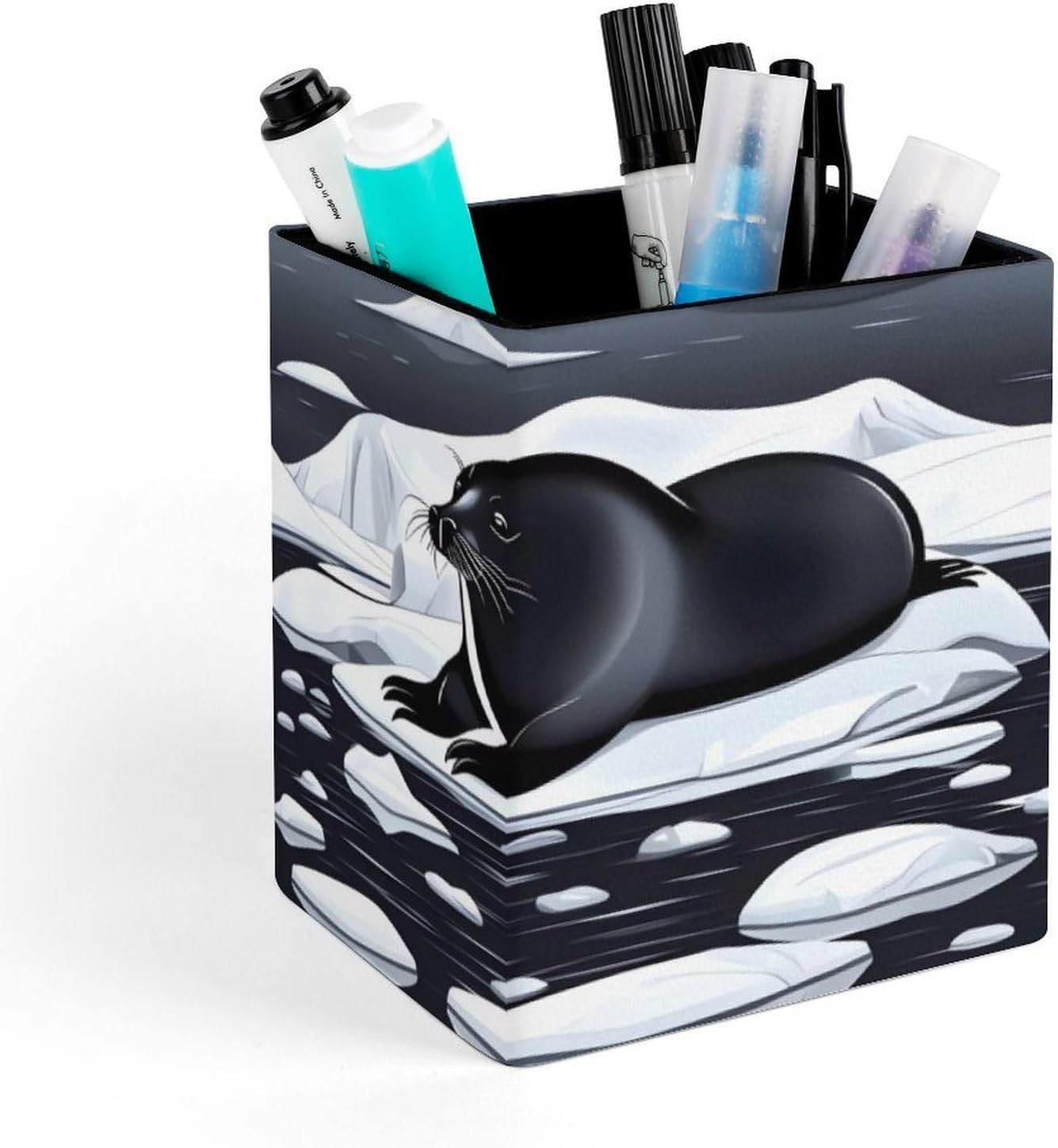 PU Leather Seals on Ice Pen Holder Square Desktop Organizer with Soft Flannel Lining Waterproof & Non-slip Office Supply Storage Box for Home Vanity Professional Workspace