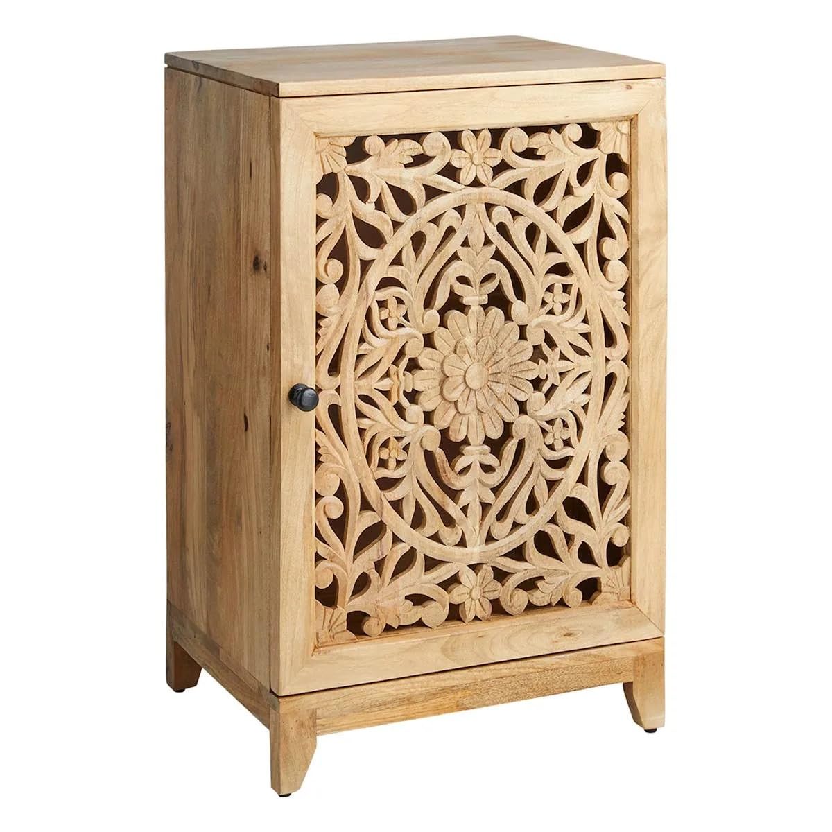TGF Furniture Store Decorative Wooden Storage Cabinet – Natural Wood Finish Sideboard with Intricately Carved Floral Panel, Accent Cabinet for Living Room, Bedroom & Entryway-image-33