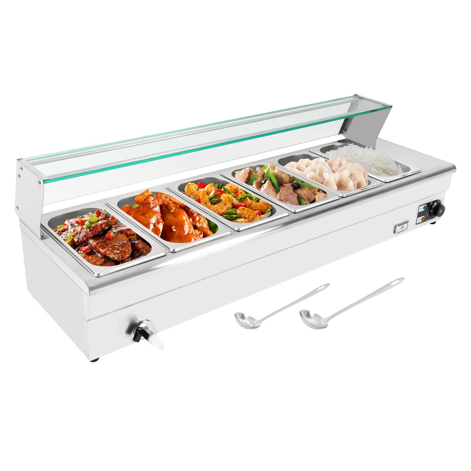 110V 6 Pan Commercial Food Warmer,1200W Electric Stainelss Steel Commercial Food Steam Table,Professional Buffet Bain Equipment with Tempered Glass Shield for Catering and Restaurants (6-Pan 19Qt)