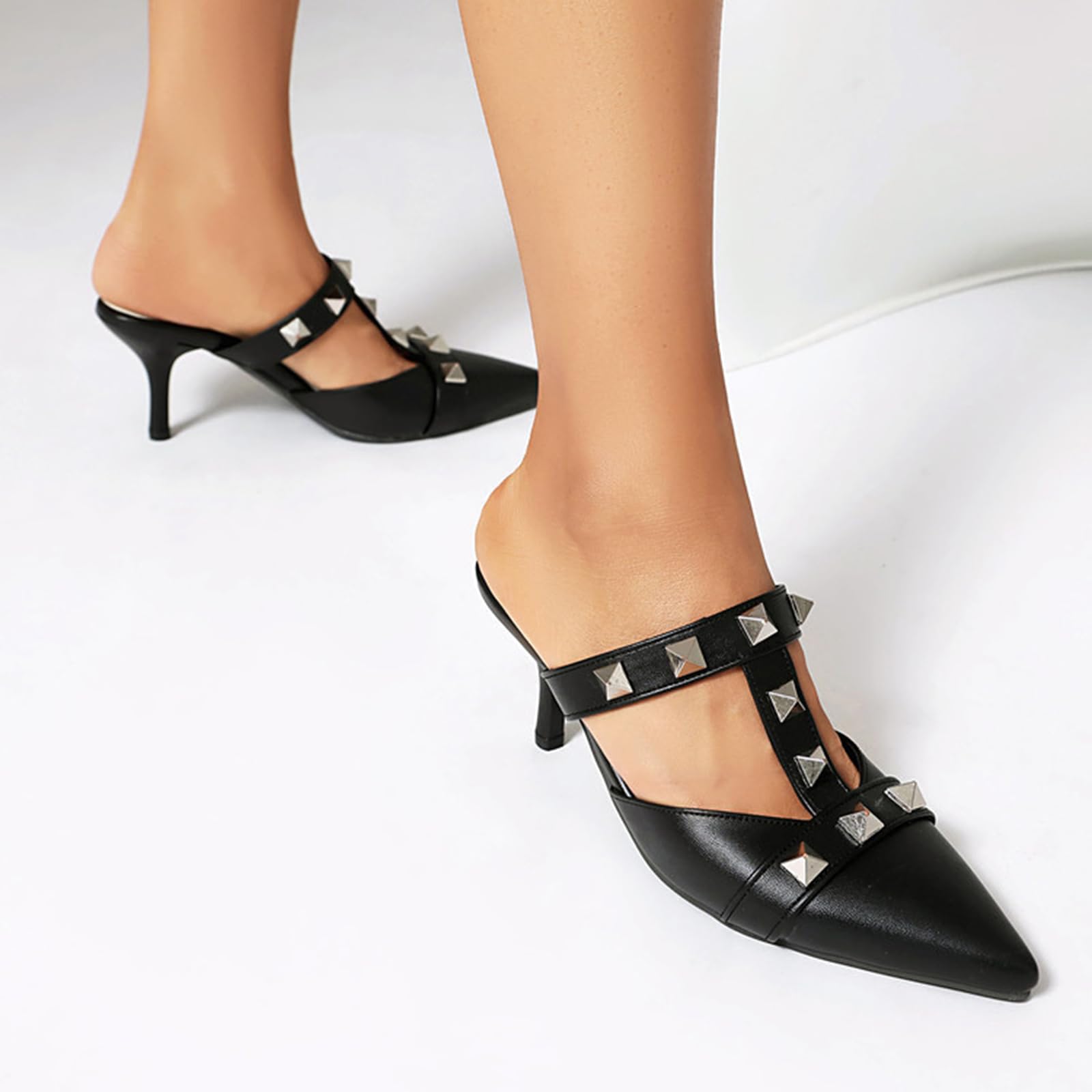 Mule da Donna con Cinturino A T Borchiato, Punta Stretta, Tacco Kitten, Schiena Aperta, Sandali con Tacco Medio, Comodi E Eleganti, Scarpe da Ufficio