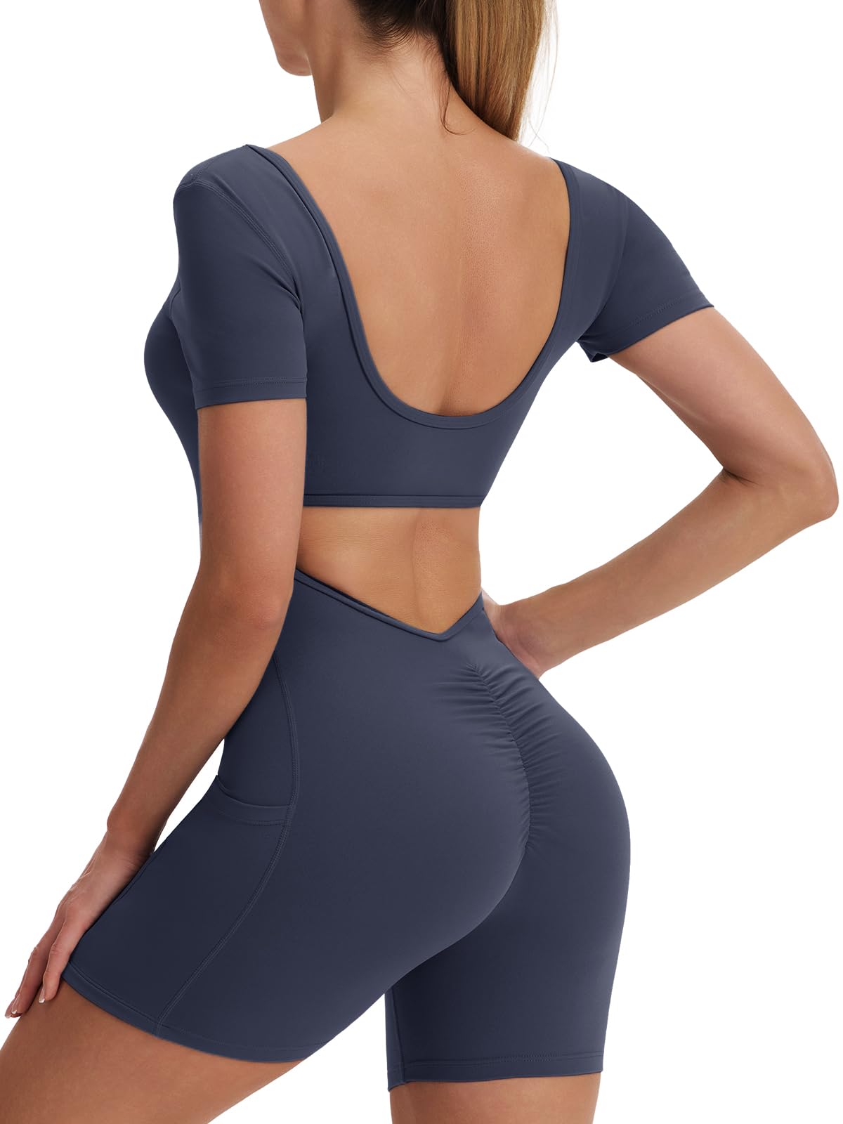 Ecupper Damen Jumpsuit Hohe Taille Ärmellos Ganzkörperanzug Eng Einteiler Rückenfreie Padded Bodysuit Popplifting Yoga mit Taschen