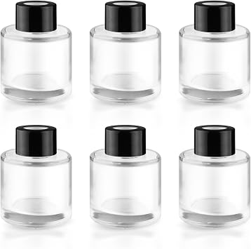 6 Pack 50ml/1.7oz Empty Clear Glass Diffuser Bottle with Black Cap Refillable Round-Shaped Essential Oil Containers Fragrance Diffuser Jars Use for Home and Office Decorative