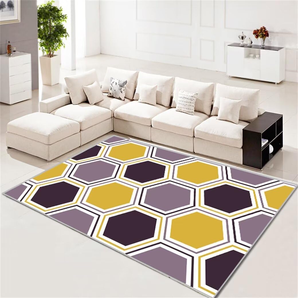 Tapis poil ras jaune moutarde 300x400cm géométrique lavable pour salon