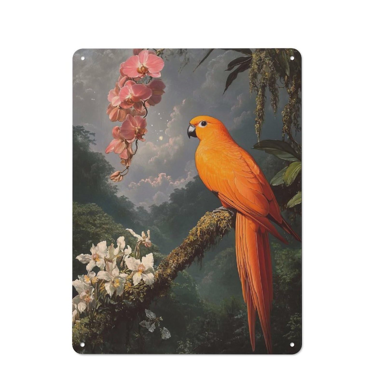 Junmoney Orange Parrot In Jungle Printed Metal Sign 40X30cm For Café Or Restaurant, For Hospitality Interior Collectors